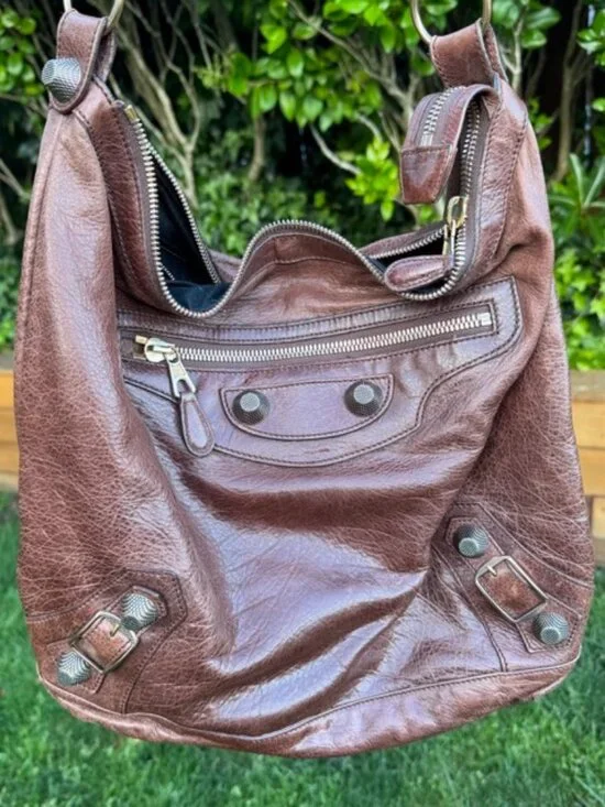 Auth Balenciaga Brown Castagna Agneau Rose G21 Hardware Day Hobo Bag - Picture 1 of 12